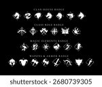 Fantasy RPG Badge Icons Set – Clan House Crests, Class Role Emblems, Magic Elements Symbols, and Weapons Armor Badges for Medieval Game UI Vector Design