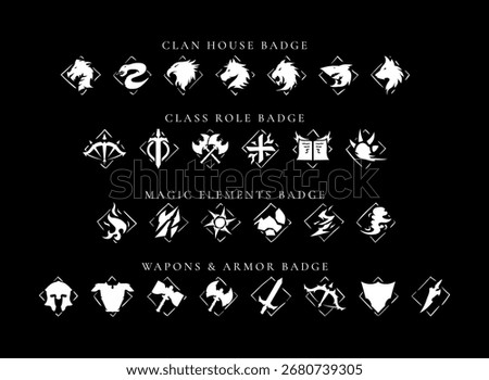 Fantasy RPG Badge Icons Set – Clan House Crests, Class Role Emblems, Magic Elements Symbols, and Weapons Armor Badges for Medieval Game UI Vector Design