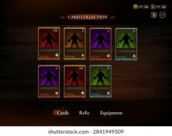 Fantasy RPG card collection interface featuring ranked character cards, elemental themes, rarity levels, star ratings, and dark medieval game UI design.