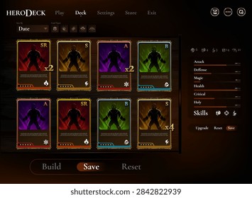 Fantasy RPG card deck interface showing collectible character cards, rarity tiers, upgrade stats, skills, filters, and deck management controls in a dark medieval game UI.