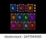 Fantasy RPG card gem pack with colorful crystal symbols including blue, red, yellow, green, and purple elements for collectible games.