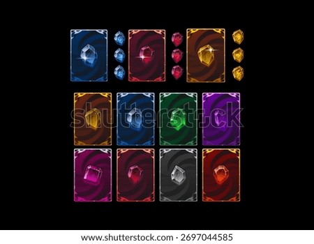 Fantasy RPG card gem pack with colorful crystal symbols including blue, red, yellow, green, and purple elements for collectible games.