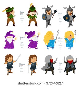 Fantasy RPG Cartoon Figuren. Vektorillustration einzeln auf weißem Hintergrund. Flache Symbole von Kleriker, Ritter, Krieger, Zauberer, Schurke, Ranger.