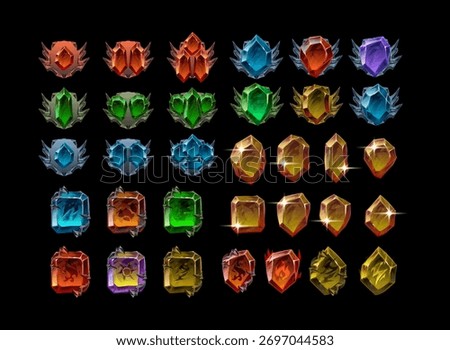Fantasy RPG crystal badge and gem rank collection featuring colorful stones and winged frames in red, blue, green, yellow, and purple for reward or ranking design.
