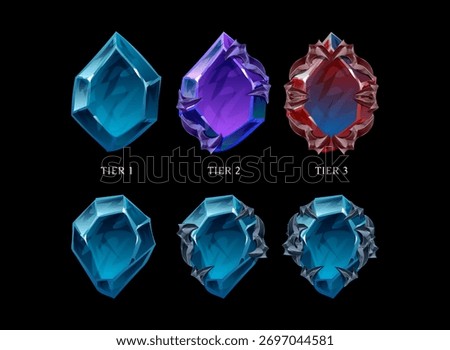 Fantasy RPG crystal gem tier pack showing evolution from tier 1 to tier 3 with polished, enchanted, and armored gemstone styles on black background.