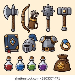 Fantasy RPG game asset collection featuring weapons, armor, magical accessories, books, helmets, and adventure equipment in cartoon style.