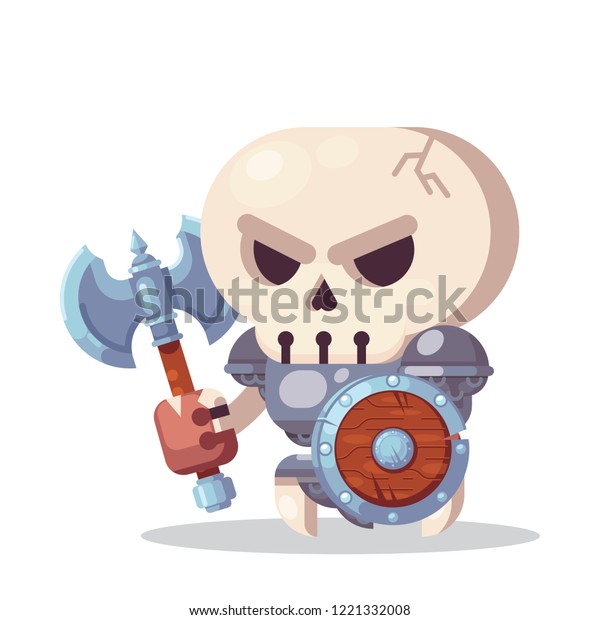 ファンタジーrpgゲームキャラクターのモンスターとヘラスのアイコンイラスト 斧と盾を持つ敵の邪悪な戦士の骸骨 のベクター画像素材 ロイヤリティフリー