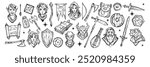 Fantasy RPG game icon, medieval dungeon dragon character face, hand drawn vector weapon, shield, bow. Role playing items doodle collection, magic book, sword, wizard staff. Fantasy icon hero art set