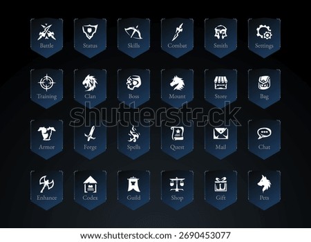 Fantasy RPG game icons banner set, elegant dark blue UI symbols for battle, skills, quests, shop, and clan interface design.