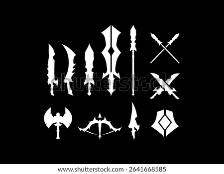 Fantasy RPG Game Logo Icon Set, magic, sword, shield, spear, dagger, axe elemental weapon design