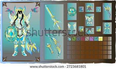 Fantasy RPG Game UI Inventory Set with Divine Golden Armor Weapons and Magical Familiars Vector Illustration