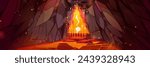 Fantasy rpg game volcano cave portal background. Magic door entrance to alien world. Lava and stone epic ancient underground landscape vector. Burning magma river in tunnel with gate after eruption