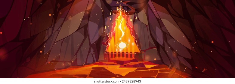 Fantasy rpg game volcano cave portal background. Magic door entrance to alien world. Lava and stone epic ancient underground landscape vector. Burning magma river in tunnel with gate after eruption