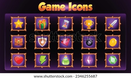 Fantasy RPG Icon Collection Unlock the Adventure of Game Assets Including Symbols of Power, Star, Gift Box, Bag , Badge Dimond, Skull Heart, Sword, Mysteries and Treasures Vector Set
