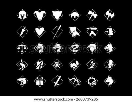 Fantasy RPG Icon Collection – Weapons Armor Clan Badges Magic Elements and Utility Symbols for Medieval Game UI Vector Design
