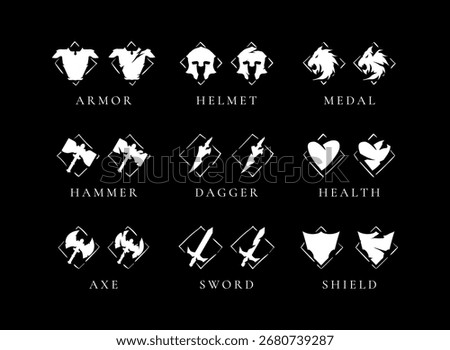 Fantasy RPG Icons Set – Clean and Broken Versions of Armor Helmet Medal Hammer Dagger Health Axe Sword and Shield Vector Symbols for Game UI and Medieval Design