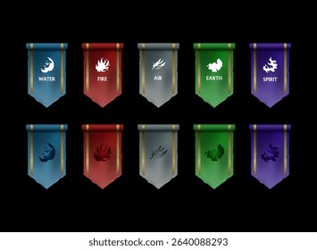 fantasy rpg medieval banner flags, colorful set pennant game icon with fire, water, air, earth, spirit elements symbol