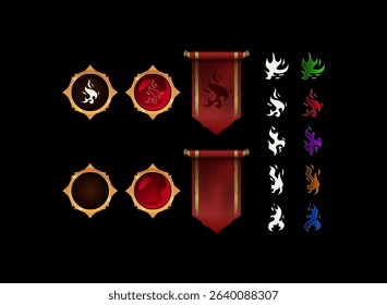 fantasy rpg medieval banner flags, red gold set pennant game icon with fire symbol collection