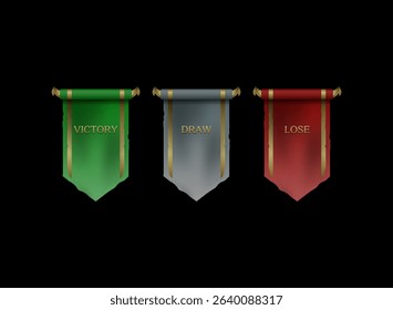 fantasy rpg medieval banner flags, colorful set pennant game icon victory, draw, lose text