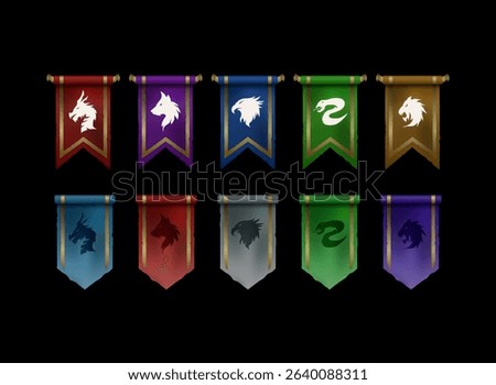 fantasy rpg medieval banner flags, colorful set pennant game icon with dragon, wolf, eagle, snake, lion house clan heraldic symbol emblem animal