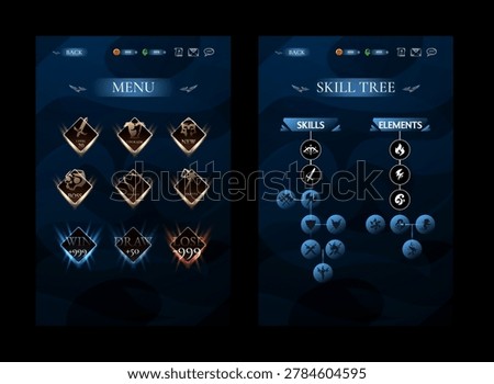 Fantasy RPG Mobile Game UI Screens With Menu and Skill Tree Interface