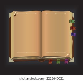 Fantasy rpg spellbook, Vector illustration of an ancient open magic grimoire, empty pages, design mock-up
