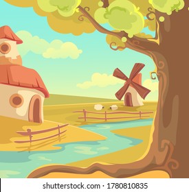 Fantasy Landschaft Vektorgrafik. Cute Cartoon schöne Sommerlandschaft, Dorf mit Märchenhaus-Hütte für magischen Charakter per Fluss, alte Windmühle, märchenhafter Naturhintergrund