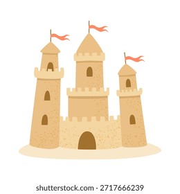 Castillo de arena de fantasía con banderas. Linda fortaleza medieval de dibujos animados. Aislado en el fondo blanco