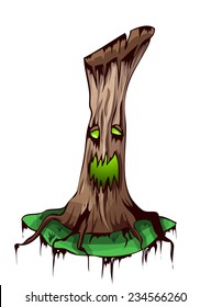 Fantasy Scary Ancient Live Tree on a Floating Island, Vector illustration isolated on White Background. 