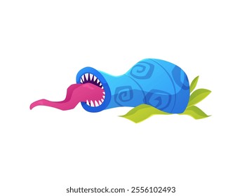 Fantasy scary carnivorous monster plant with flytrap. Cartoon magic dangerous blue flower predator. Vector flat angry flower monster plant with mouth, teeth and tongue sticking out. Alien creature