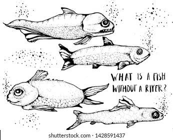 Fantasy scary fish set with bubbles hand drawn in antique vintage tattoo style, isolated, monochrome, vector
