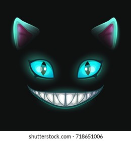 Fantasy scary smiling cat face on black background. Cheshire Cat vector illustration