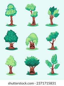 fantasy scary trees. halloween horrible nature trees characters set, haunted creepy party decoration. vector cartoon mystical characters.