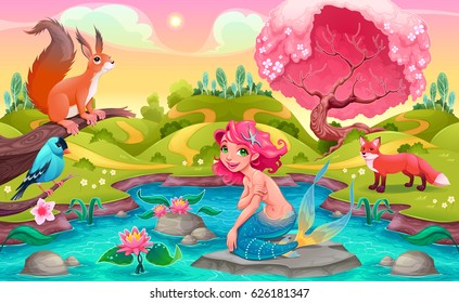 Fantasy scene with mermaid and animals. Vector cartoon illustration