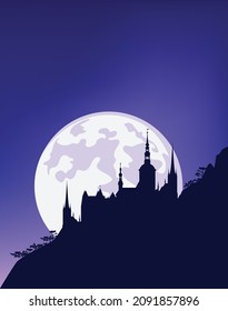 fantasy scene with night sky, full moon, mountain slope and medieval castle silhouette - fairy tale vector copy space background