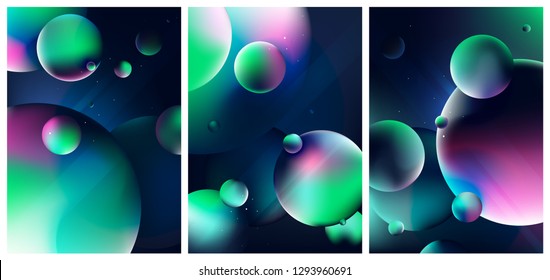 Fantasy scene with planets and stars in dark space, Colorful view of the universe, Set of design trendy covers with gradient shapes, Vector illustration for your design