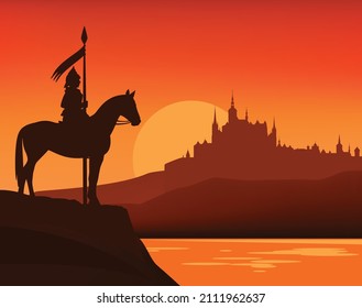 fantasy scene with sunset sky, lake shore, knight guard and medieval castle silhouette - fairy tale vector copy space background