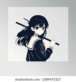 fantasy a school girl hold a stick illustration digital art