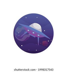 Fantasy science fiction alien spaceship or spacecraft, flat vector illustration isolated on white background. Sticker or badge design with Ufo space shuttle.