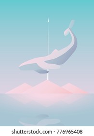 Fantasy sci-fi abstract vector background with whale flying above mountains and rocket flying to space. Eps10 vector illustration.