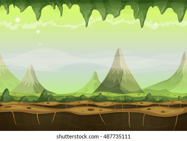 Fantasy Sci-fi Alien Landscape For Game Ui/
Cartoon seamless funny sci-fi alien planet landscape background, with mountains range layers for parallax, stalactite, stars and planets for ui game