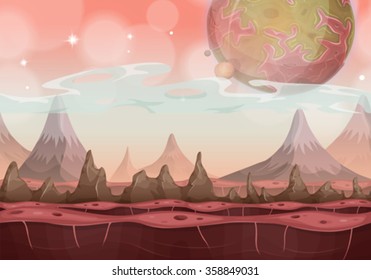 Fantasy Sci-fi Alien Landscape For Ui Game/
Illustration of a cartoon seamless funny sci-fi alien planet landscape background, with mountains range layers for parallax, stars and planets for ui game