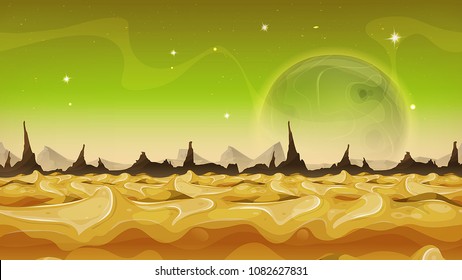 Fantasy Science Fiction Alien Planet Hintergrund für unser Spiel
Illustration eines Cartoons auf lustig-lustig-außerirdischem Hintergrund, mit Schichten für Parallaxen, einschließlich seltsamer Berge, Sterne und Planeten