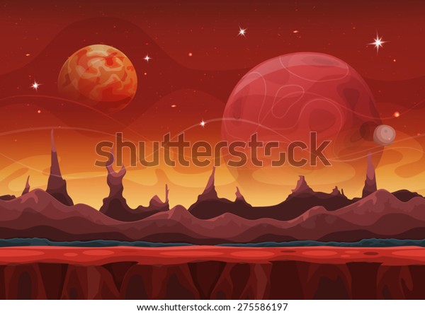 Fantasy sci-fi Martian Background. Illustration of a cartoon funny sci-fi alien planet landscape background, with layers for parallax, weird mountains range, stars and planets. 
