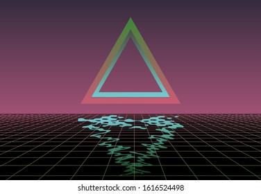 Fantasy sci-fi virtual reality retrofuturistic cyber landscape of arcade video game with neon 3d laser grid. Synthwave/ vaporwave/ retrowave style illustration, aesthetics of 80s-90s.