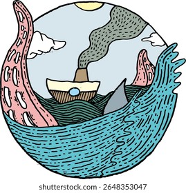 Fantasy Sea Adventure with Tentacles and Steamship – Doodle Illustration