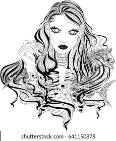 Fantasy Sea Creature - Creepy Mermaid with Fish Skeletons -  tattoo sketch - vector