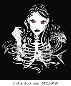 Fantasy Sea Creature - Red Eyed Creepy Mermaid with Fish Skeletons - Vector Art