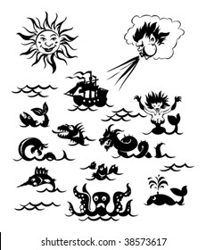 Fantasy sea monsters, Sun, Northwind and sailboat. Vector illustration.