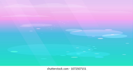 Fantasy sea ocean water surface. Sun lights on water. Magic world 